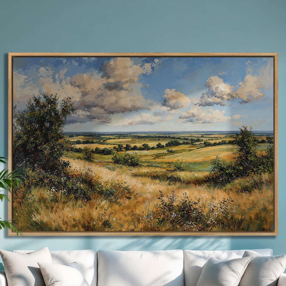 Open Country Fields of Golden Grass Beneath a Cloudy Sky Poster