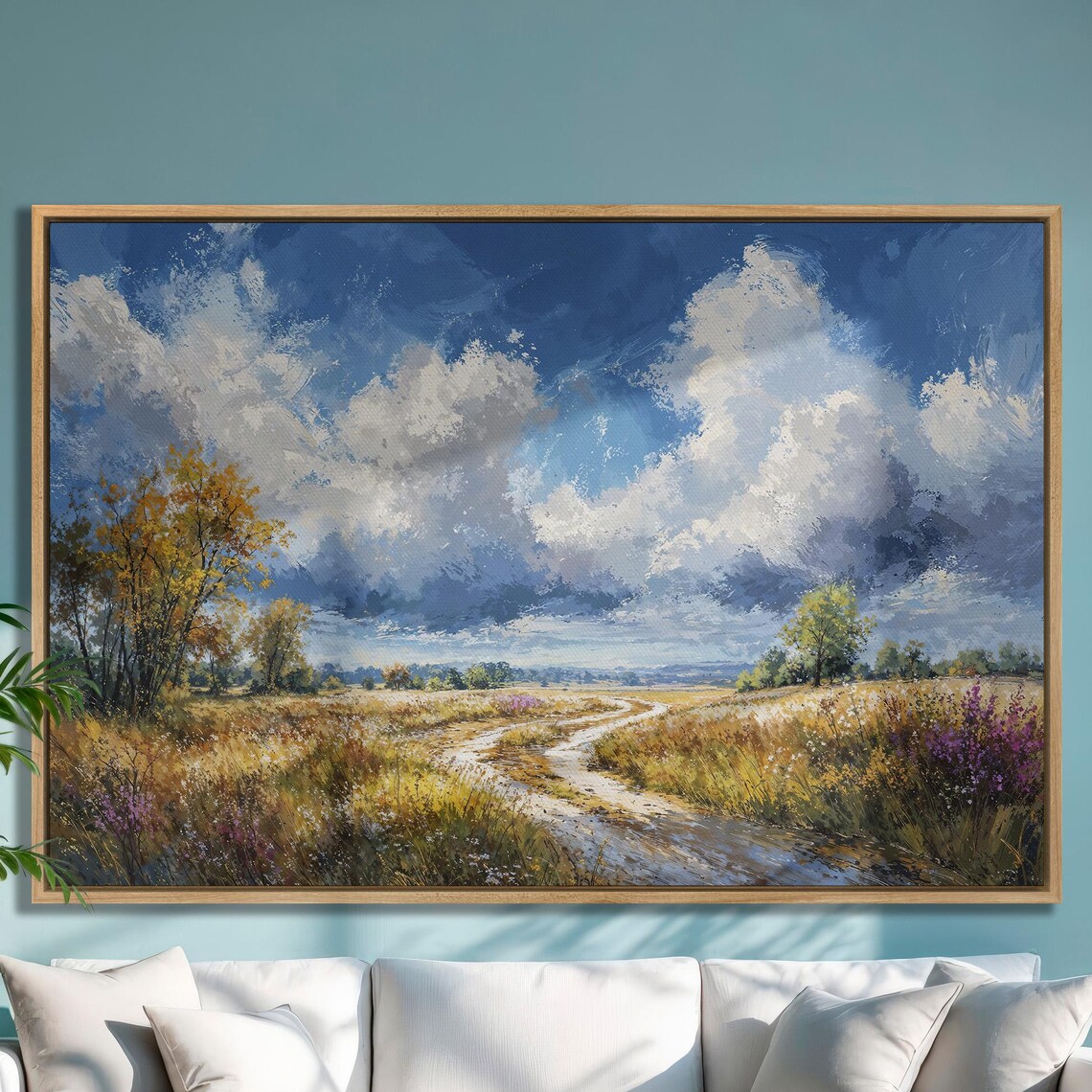 Country Dirt Road Through Wildflower Field Cloudy Sky Poster