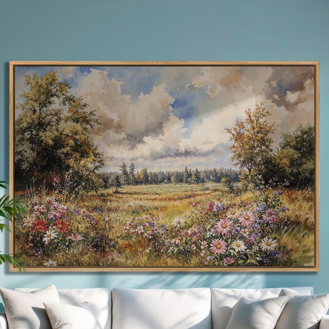 Summer Meadow Brimming with Wildflowers Under Cloudy Sky Poster