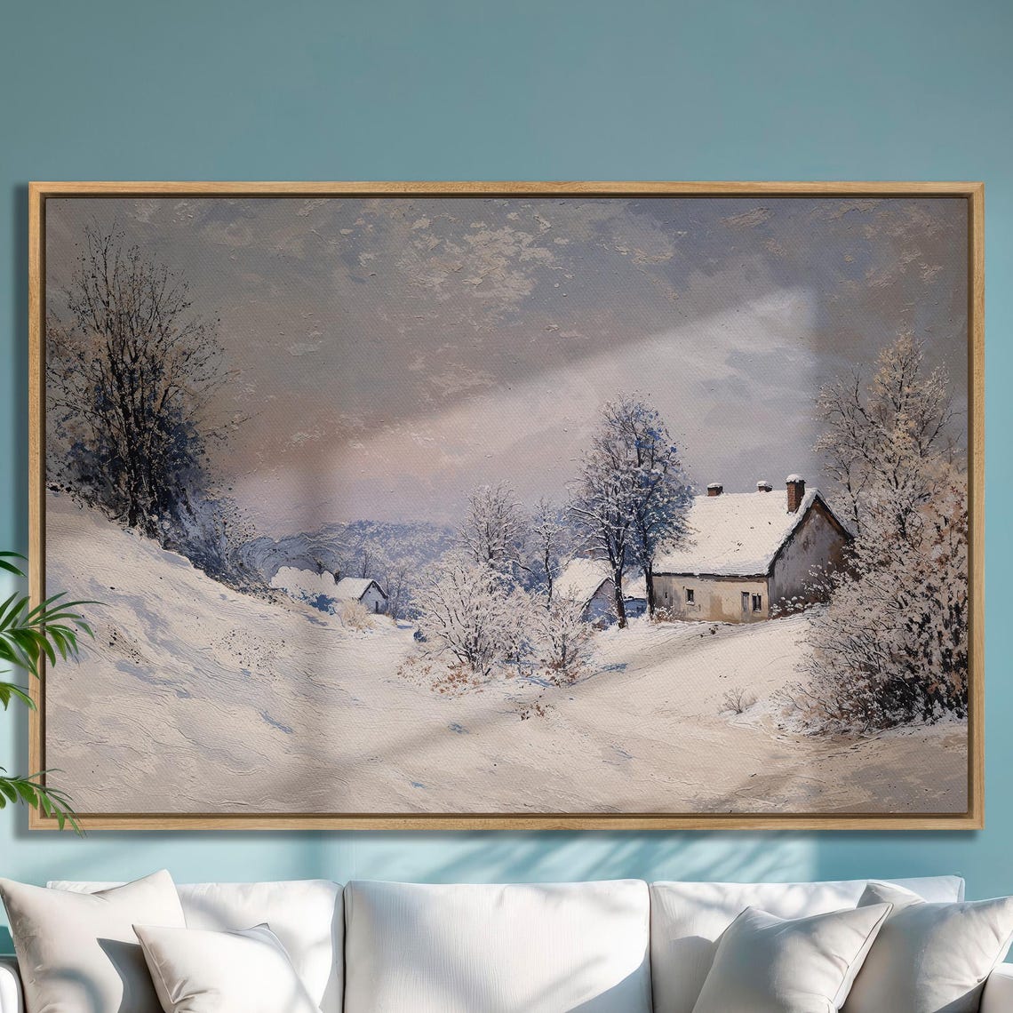 Winter Cabin In Snowy Forest Framed Print Extra Large Rustic Village Wall Art Nature Landscape Painting Print Ready To Hang