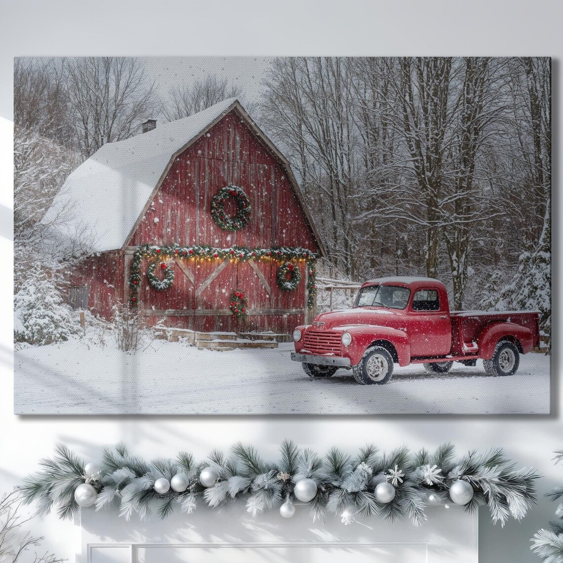 Red Barn Winter Snow Vintage Red Truck Christmas Scene Poster