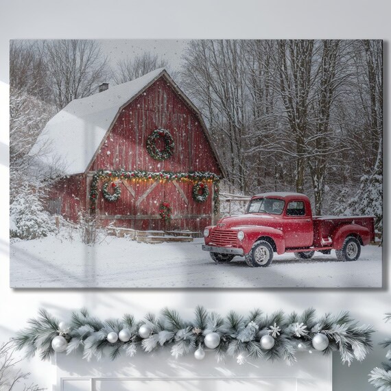 Red Barn Winter Snow Vintage Red Truck Christmas Scene Poster