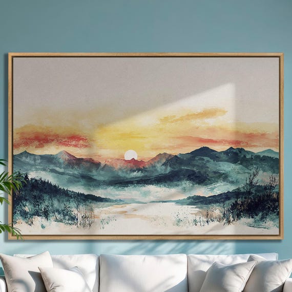 Mountain Landscape Framed Print Beautiful Sunset View Wall Art Extra Large Abstract Nature Artwork Decor For Home Ready To Hang