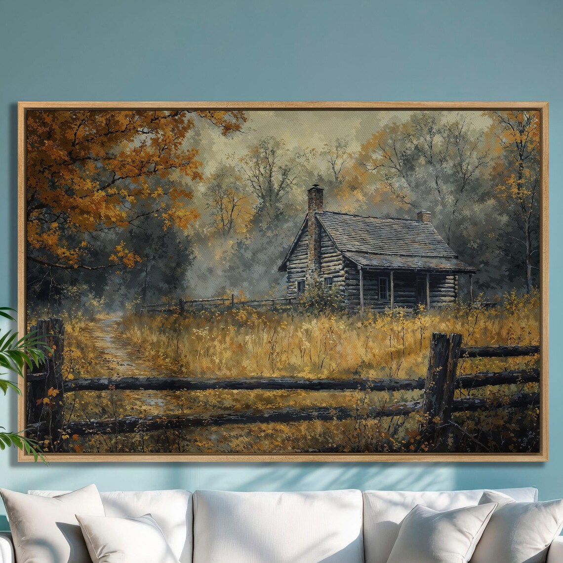 Log Cabin in Golden Autumn Forest with Split Rail Fence Poster