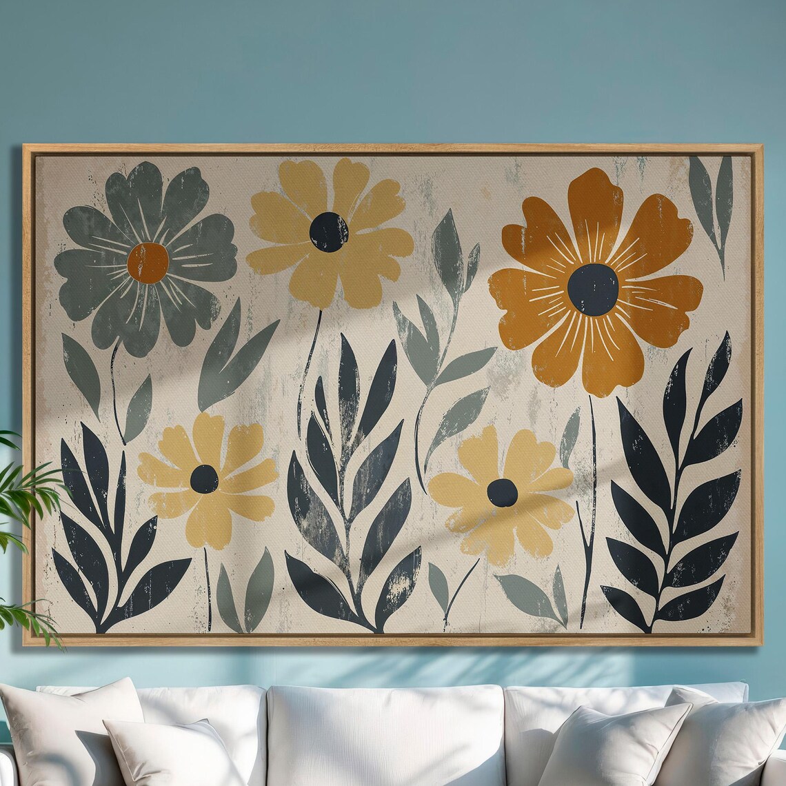 Mid Century Modern Boho Floral Pattern with Mustard Blooms Poster