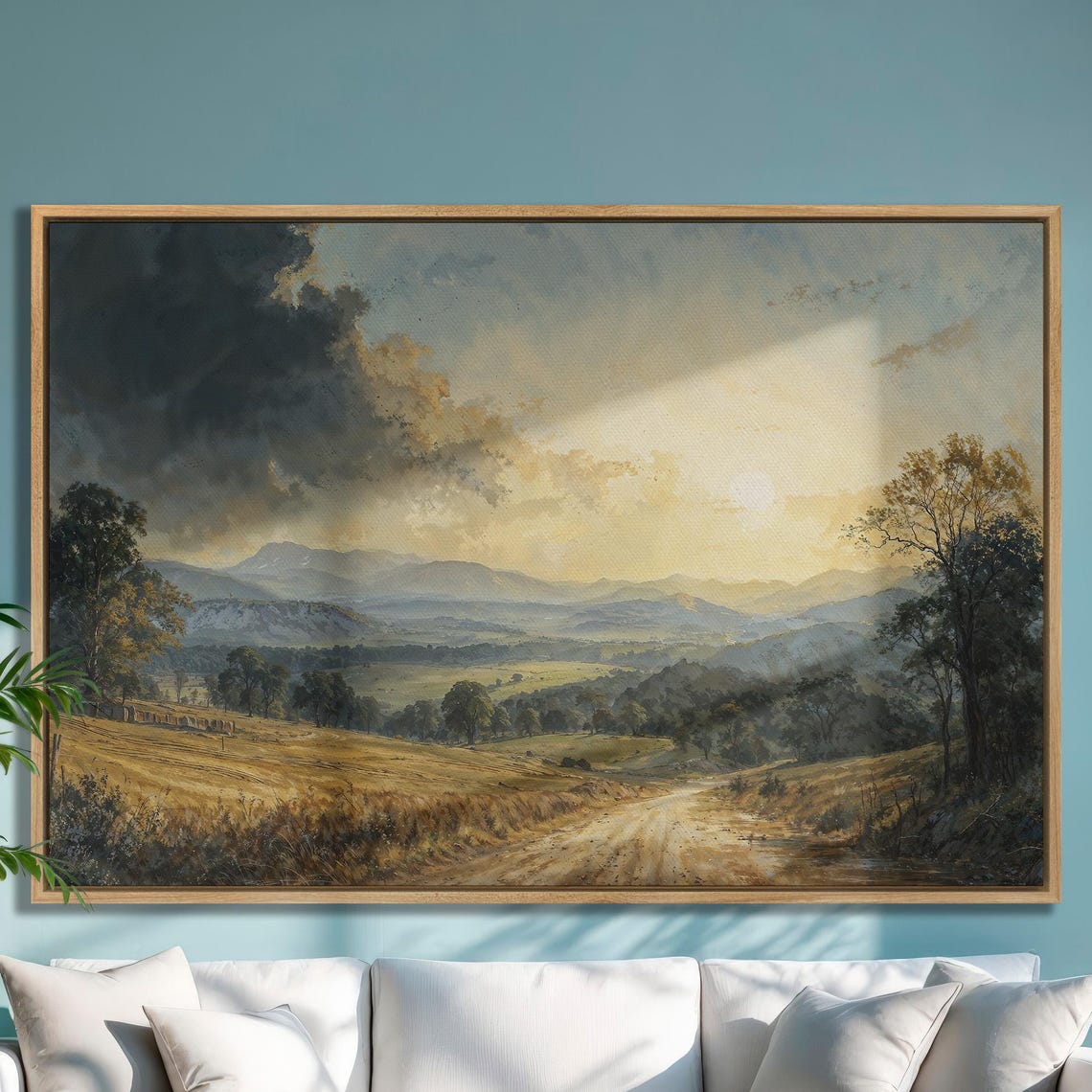 Golden Hour Valley with Dirt Road and Dramatic Clouds Poster