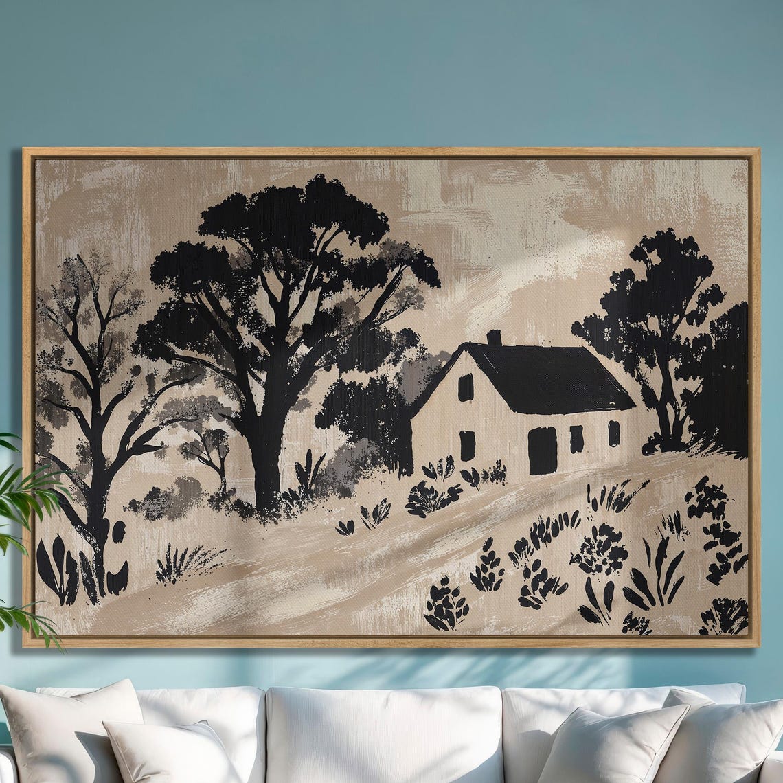 Cozy Cottage Black And Beige Art Framed Print Abstract Rural Landscape Painting Trees Wall Art Farmhouse Decor Ready To Hang