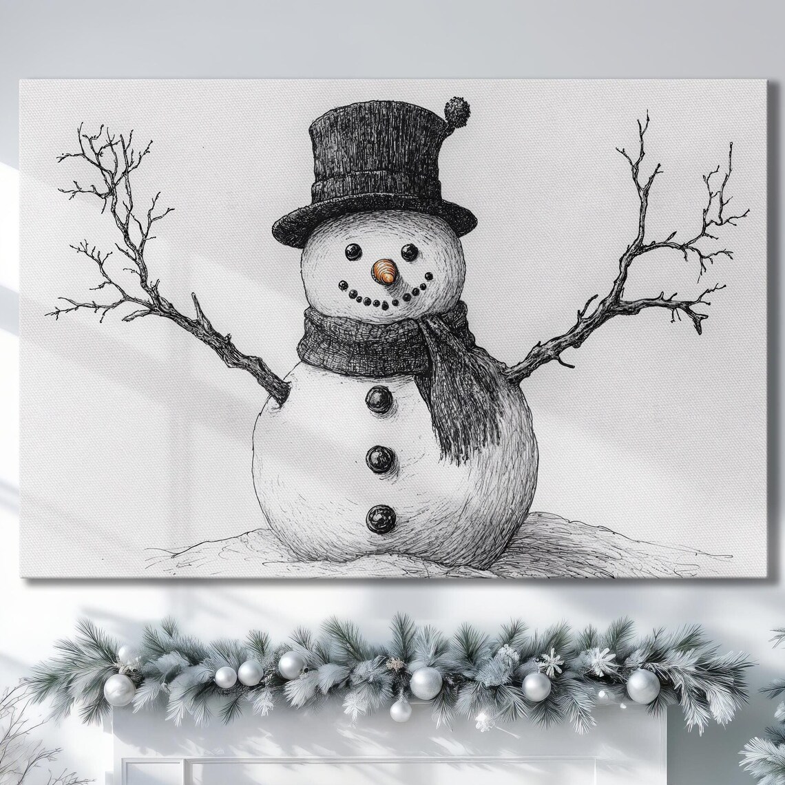 Charming Black and White Ink Sketch Snowman Winter Holiday Poster