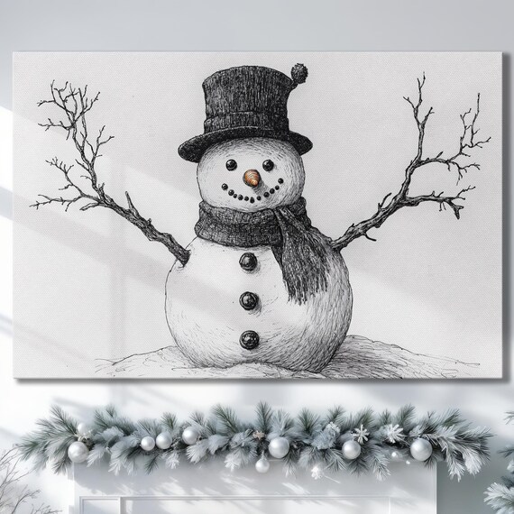 Charming Black and White Ink Sketch Snowman Winter Holiday Poster
