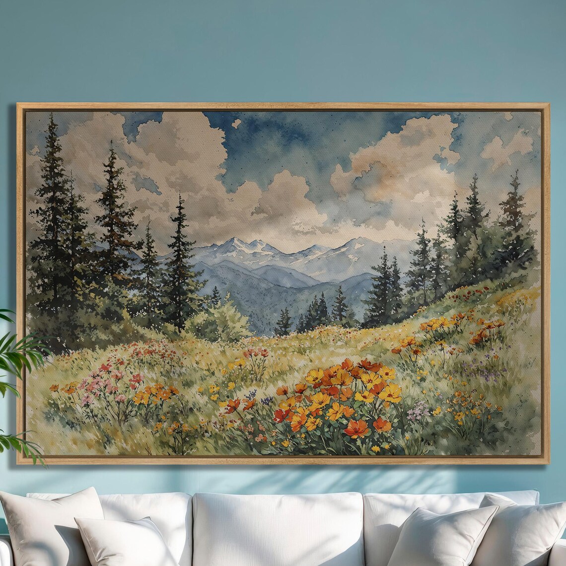 Mountain Wildflower Meadow Watercolor with Pine Trees Poster