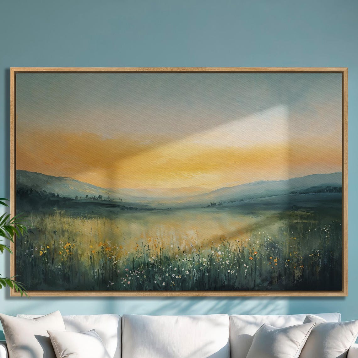 Golden Sunset Over a Wildflower Valley with Mountains Poster