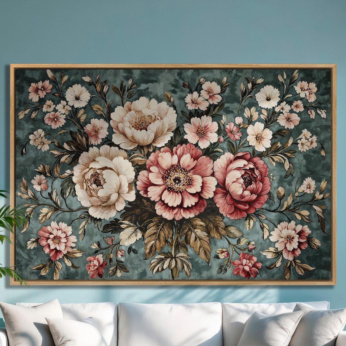 Pink Peony Bouquet on Teal Ground Vintage Floral Painting Poster