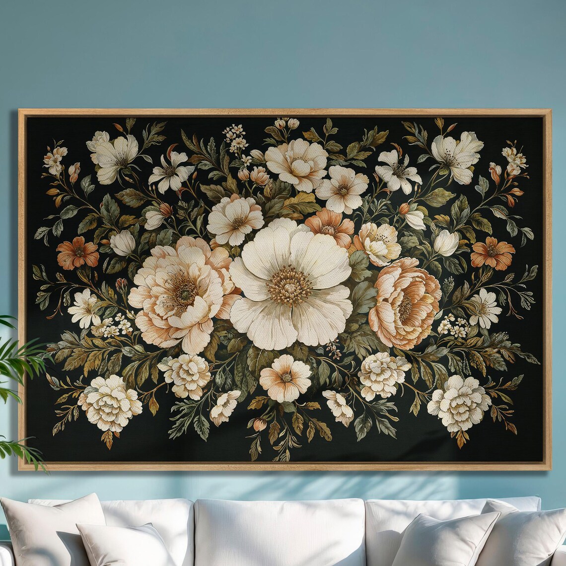 Vintage Cream Peony Bouquet on Black Baroque Floral Art Poster