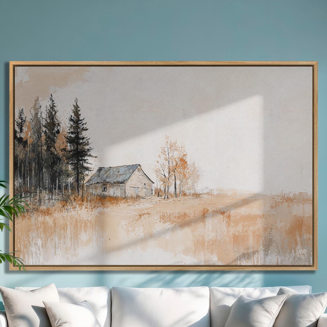 White Barn Beside Tall Pines Minimalist Autumn Field Painting Poster