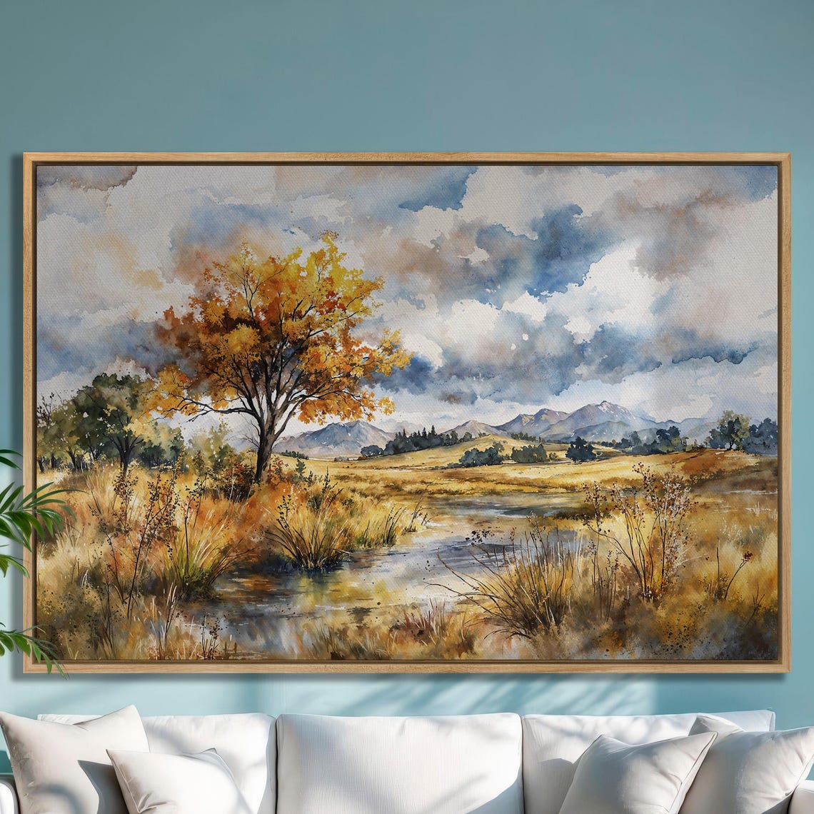 Golden Autumn Tree by a Stream Watercolor Mountain Landscape Poster