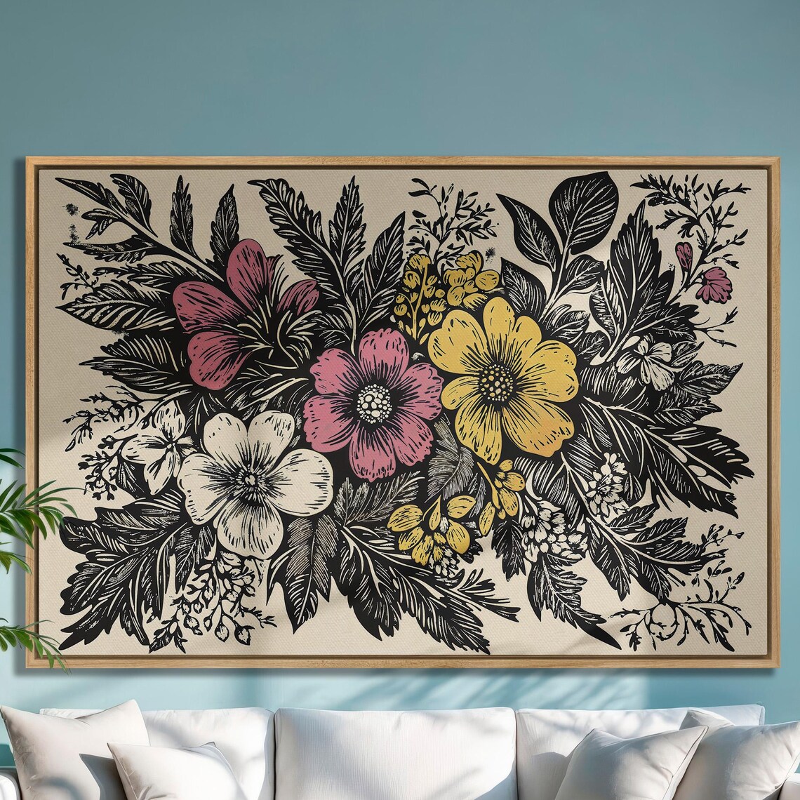 Vibrant Wildflower Bouquet In Woodcut Style Floral Artwork Poster