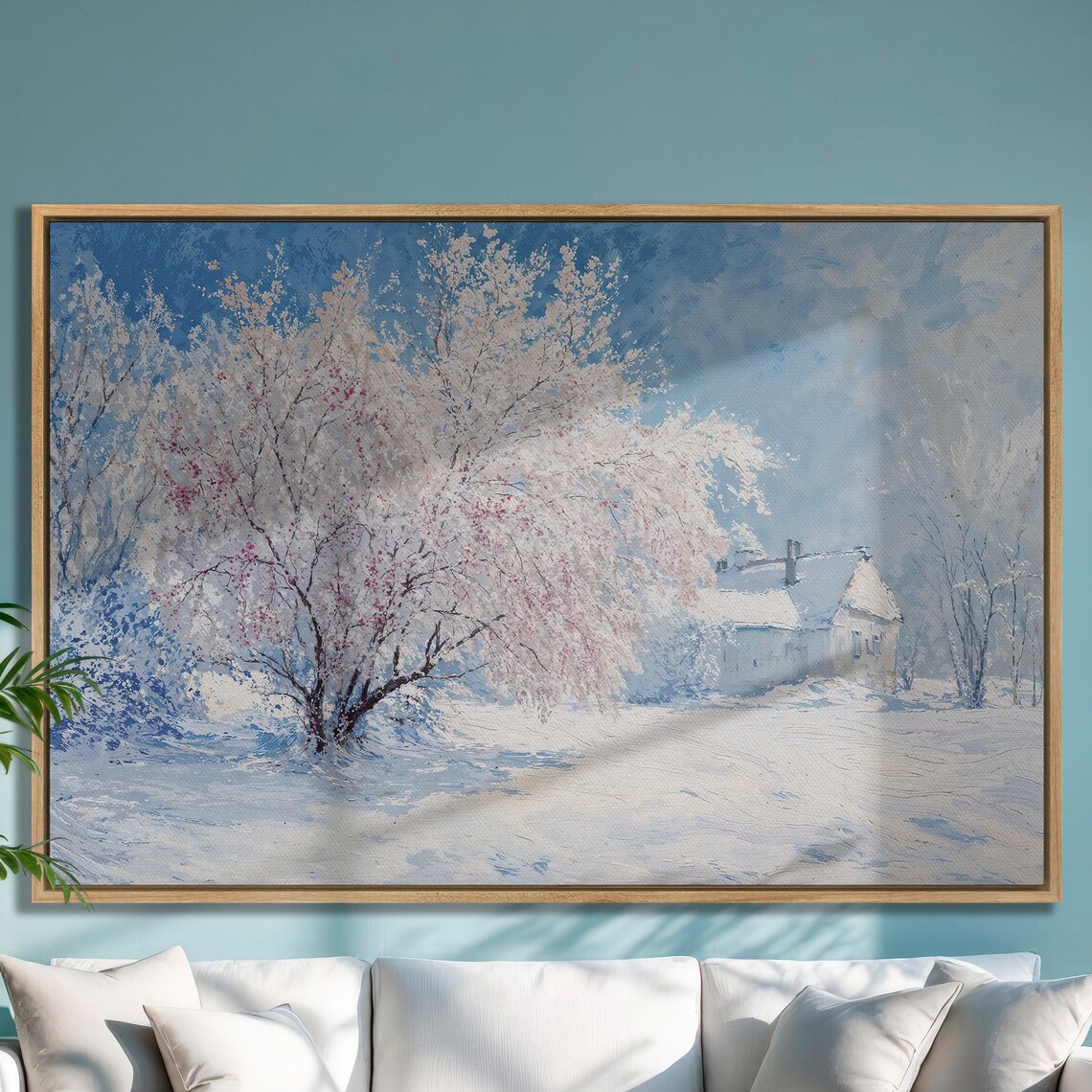 Snow Covered Cottage with Frosted Tree Winter Painting Poster