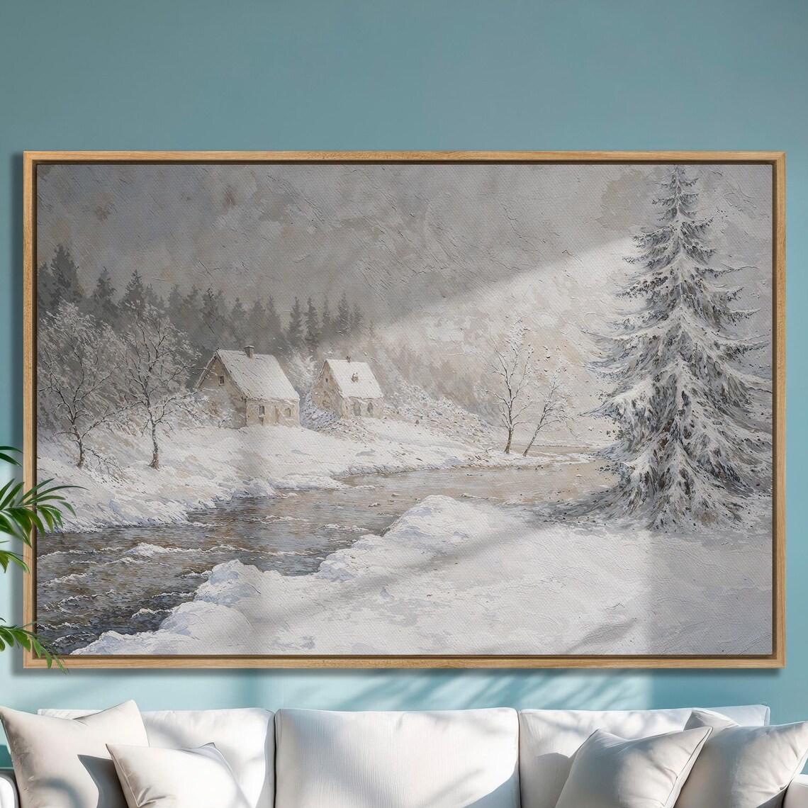 Snowy Cabins by a Frozen River in a Whiteout Winter Scene Poster