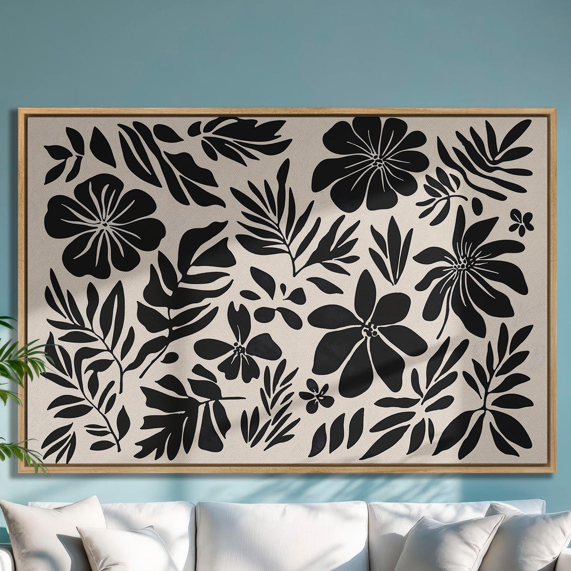 Bold Black Botanical Floral Pattern On A Beige Background Poster