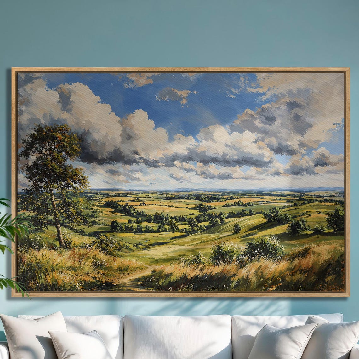 Open Fields And Rolling Hills Framed Print Extra Large Blue Sky And Green Landscape Wall Art Country Wall Decor Ready To Hang