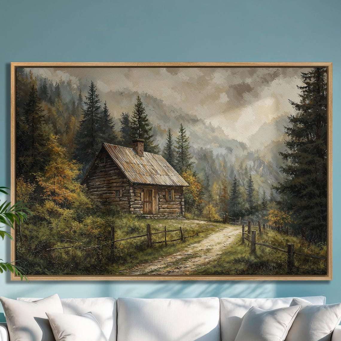 Rustic Log Cabin in Misty Pine Forest Mountain Painting Poster