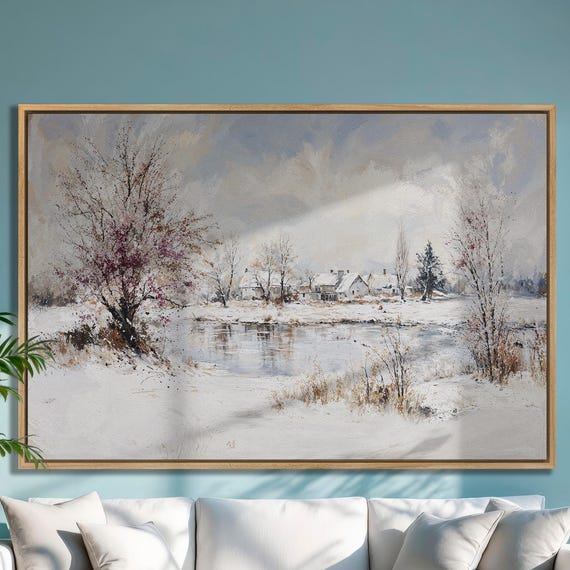 Winter Village By The Lake Framed Print Snowy Landscape With Cottages Scene Decor Winter Wonderland Wall Art Ready To Hang