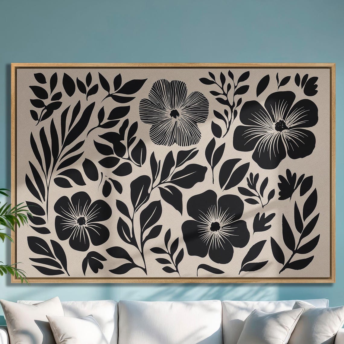 Black And White Botanical Floral Silhouette Pattern On Beige Poster