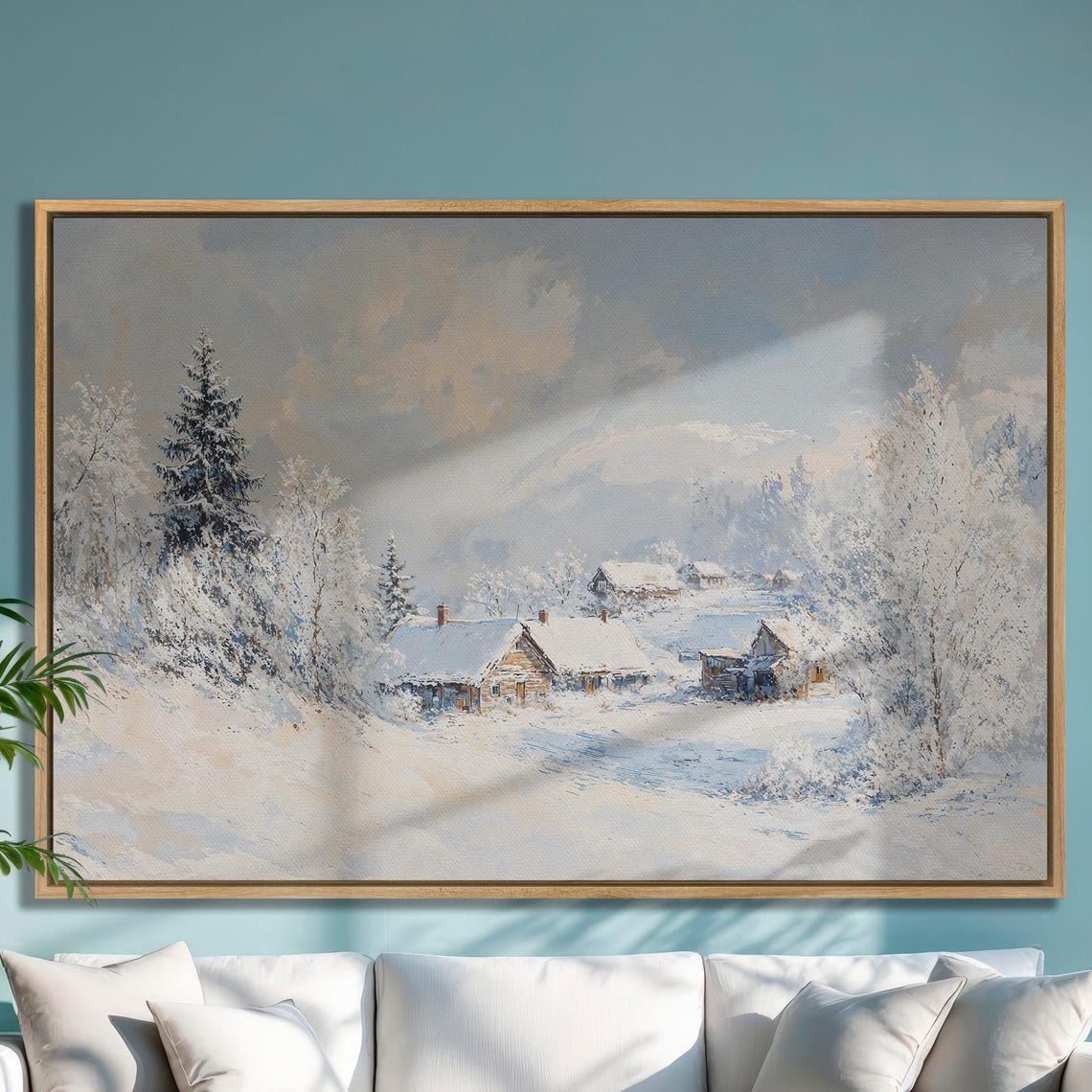 Winter Mountain Village Scene Extra Large Framed Print Frosty Morning In The Snowy Forest Wall Art Cabin Art Decor Ready To Hang