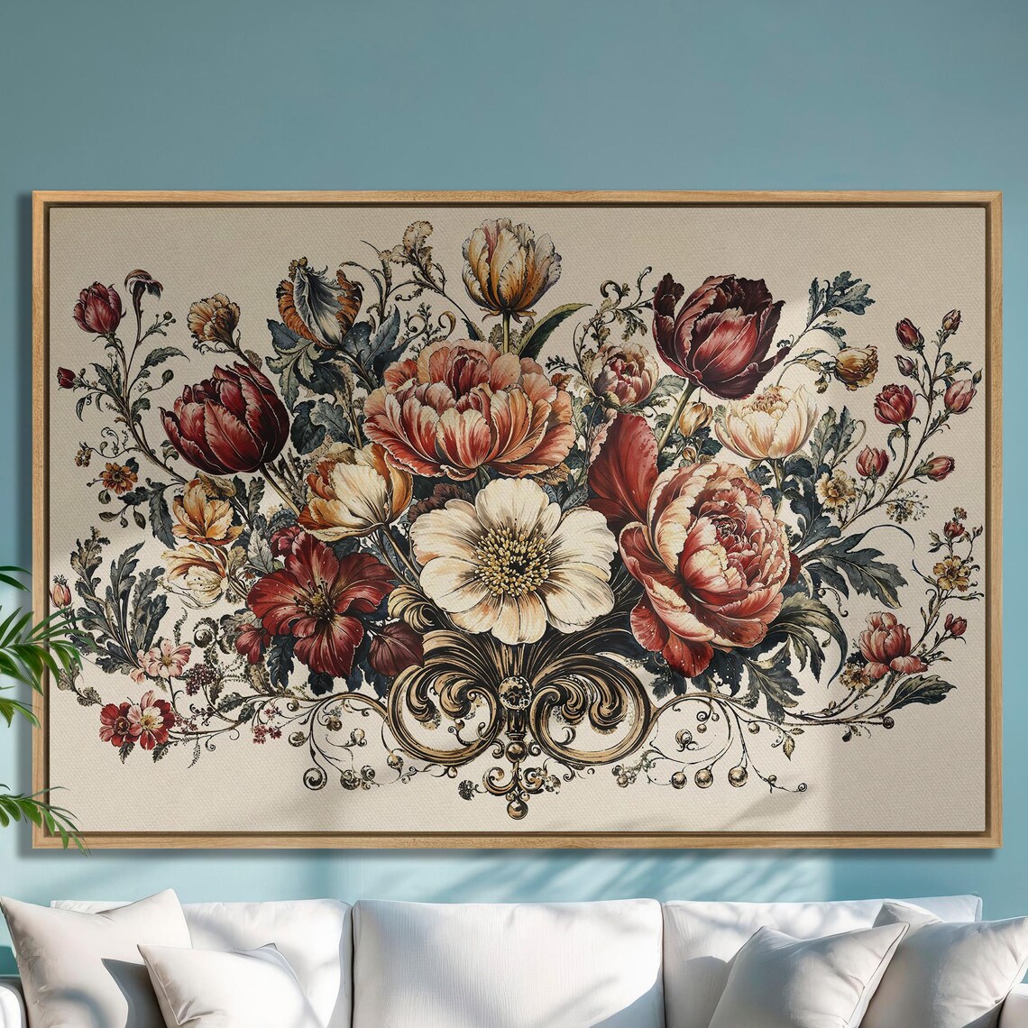Baroque Red and Cream Peony Bouquet Vintage Floral Art Poster