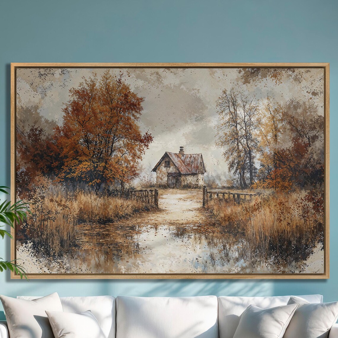 Cozy Autumn Cottage Beyond Wooden Gate and Golden Trees Poster