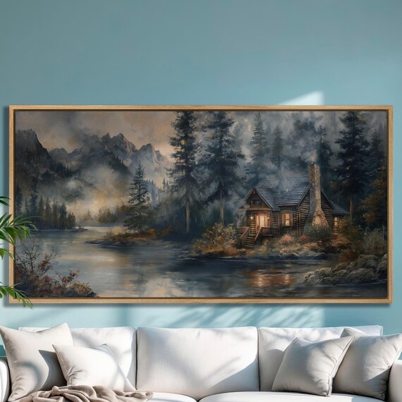 Rustic Riverside Cabin, Misty Mountains Pine Forest Art Print
