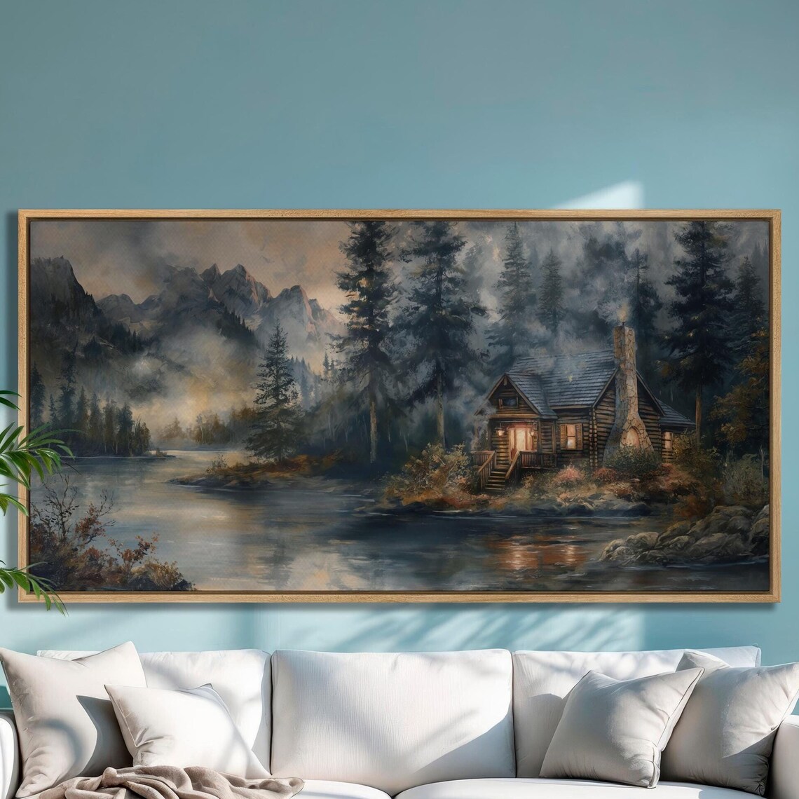 Rustic Riverside Cabin, Misty Mountains Pine Forest Art Print