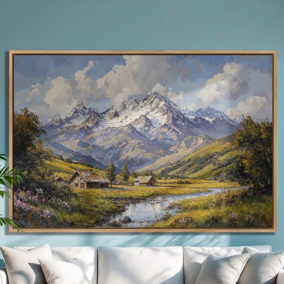Mountain Landscape Extra Large Framed Print Vibrant Nature Scene With Cabins By The Creek Wall Art Beautiful Decor Ready To Hang