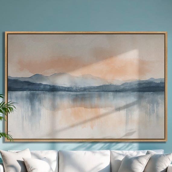Mountain Landscape Tranquil Lake Framed Print Panoramic Nature Watercolor Painting Print Minimalist Wall Art Decor Ready To Hang