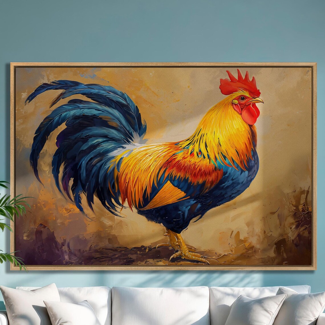Colorful Rooster Portrait With Golden Blue Feathers Farm Art Poster