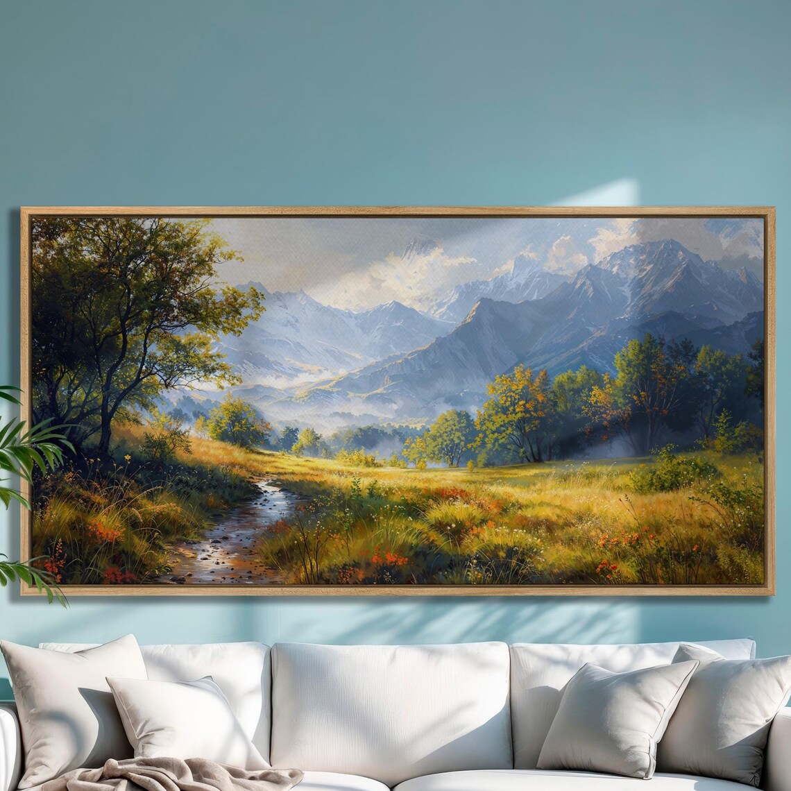 Golden Meadow And Stream Beneath Misty Snowy Peaks Landscape Poster