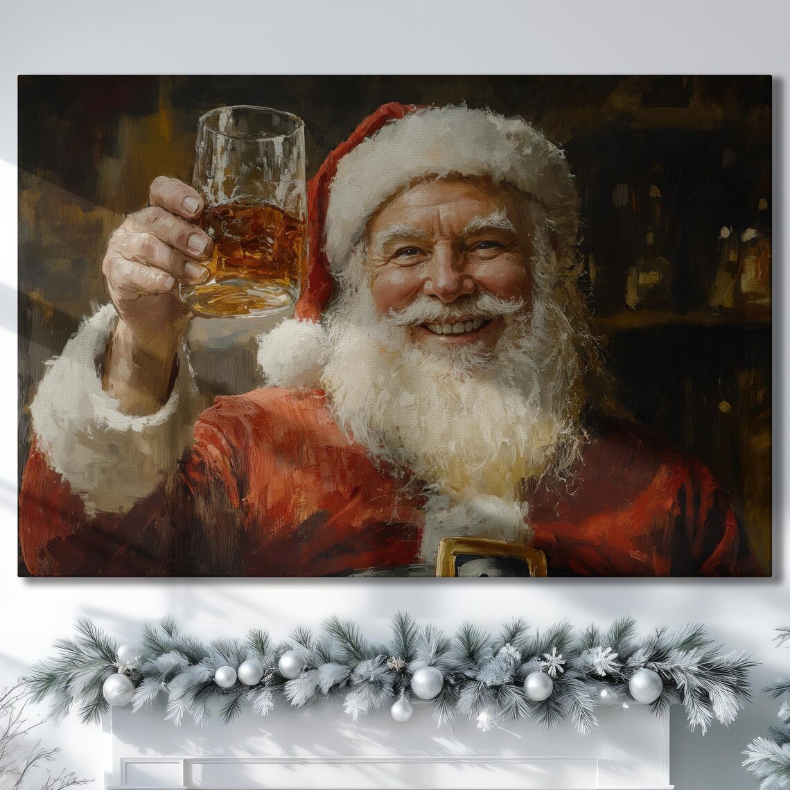 Cheerful Santa Claus Raising a Whiskey Glass Christmas Poster