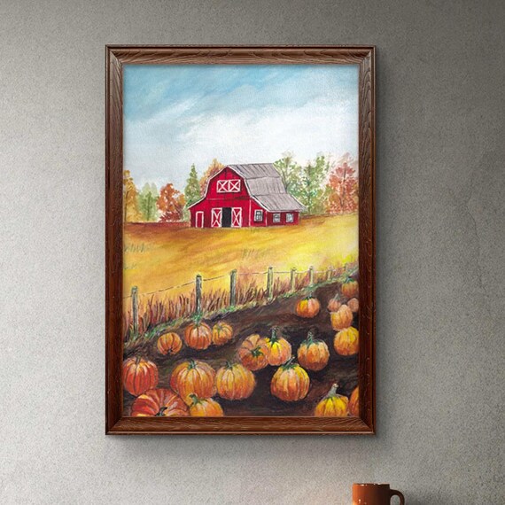 Vintage Halloween Pumpkin Barn Watercolor Painting Fall Farmhouse Print