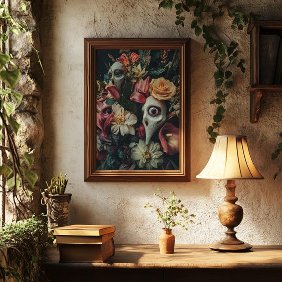 Dark Academia Floral Plague Doctor Print Surreal Gothic Wall Art