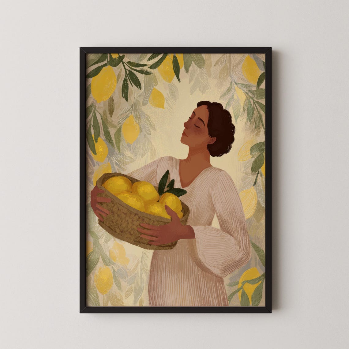 Lemon Grove Woman Art Print Botanical Beige Dress Portrait