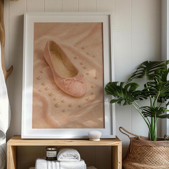 Balletcore Wall Art Pink Ballet Flat With Pearls Coquette Oil Painting Style Feminine Soft Girl Poster A0 24x36