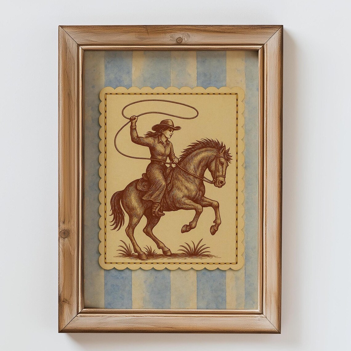 Vintage Cowgirl With Lasso On Horse Retro Western Rodeo Wall Art