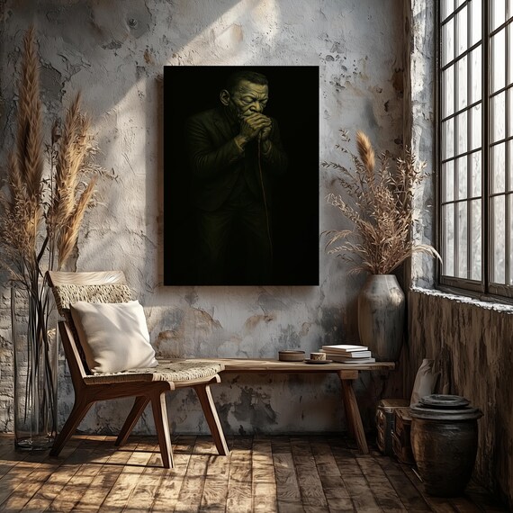 Dramatic Blues Harmonica Player Portrait Black Background Oil Style Music Art Poster
