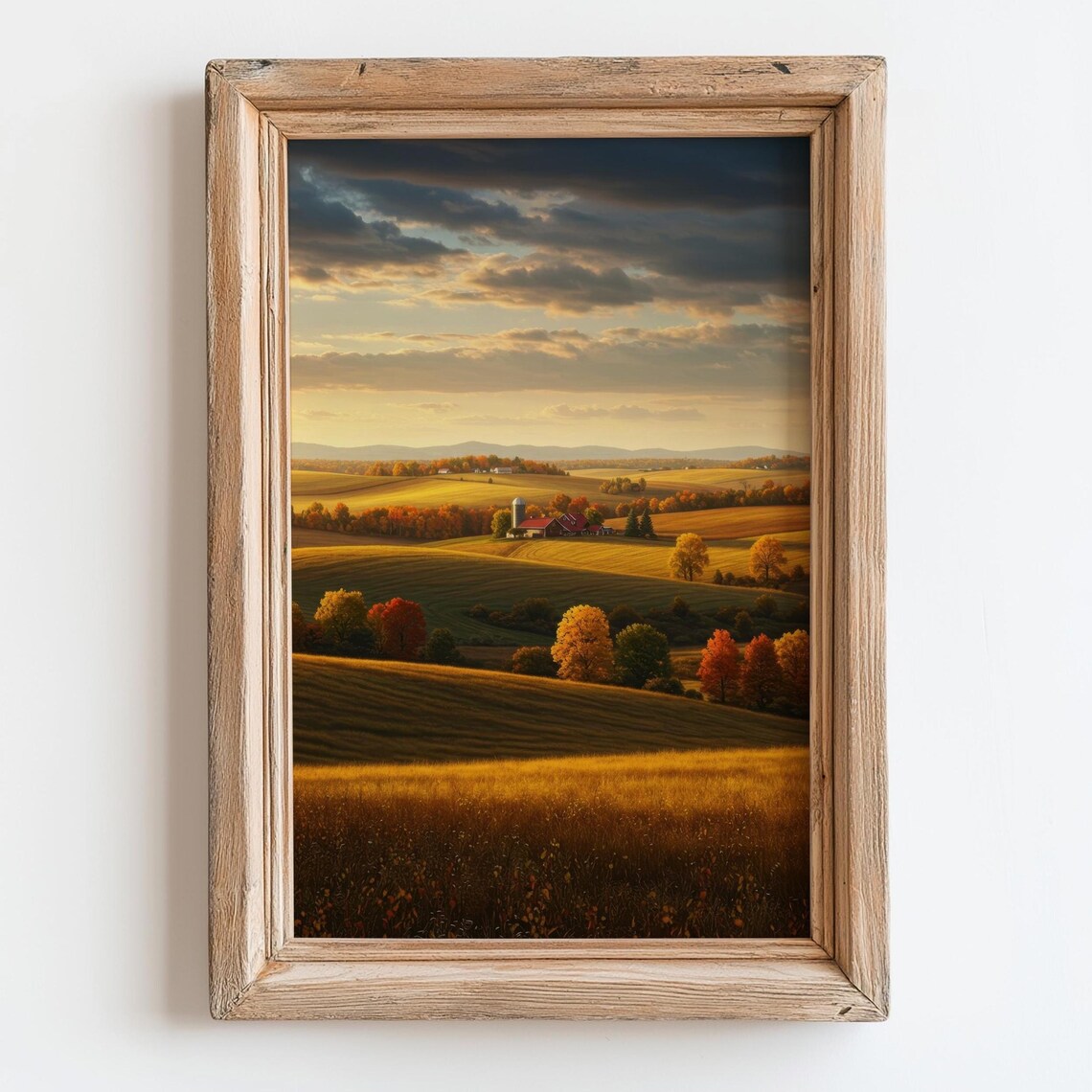 Golden Rolling Hills Farm with Red Barn at Sunset Countryside Poster