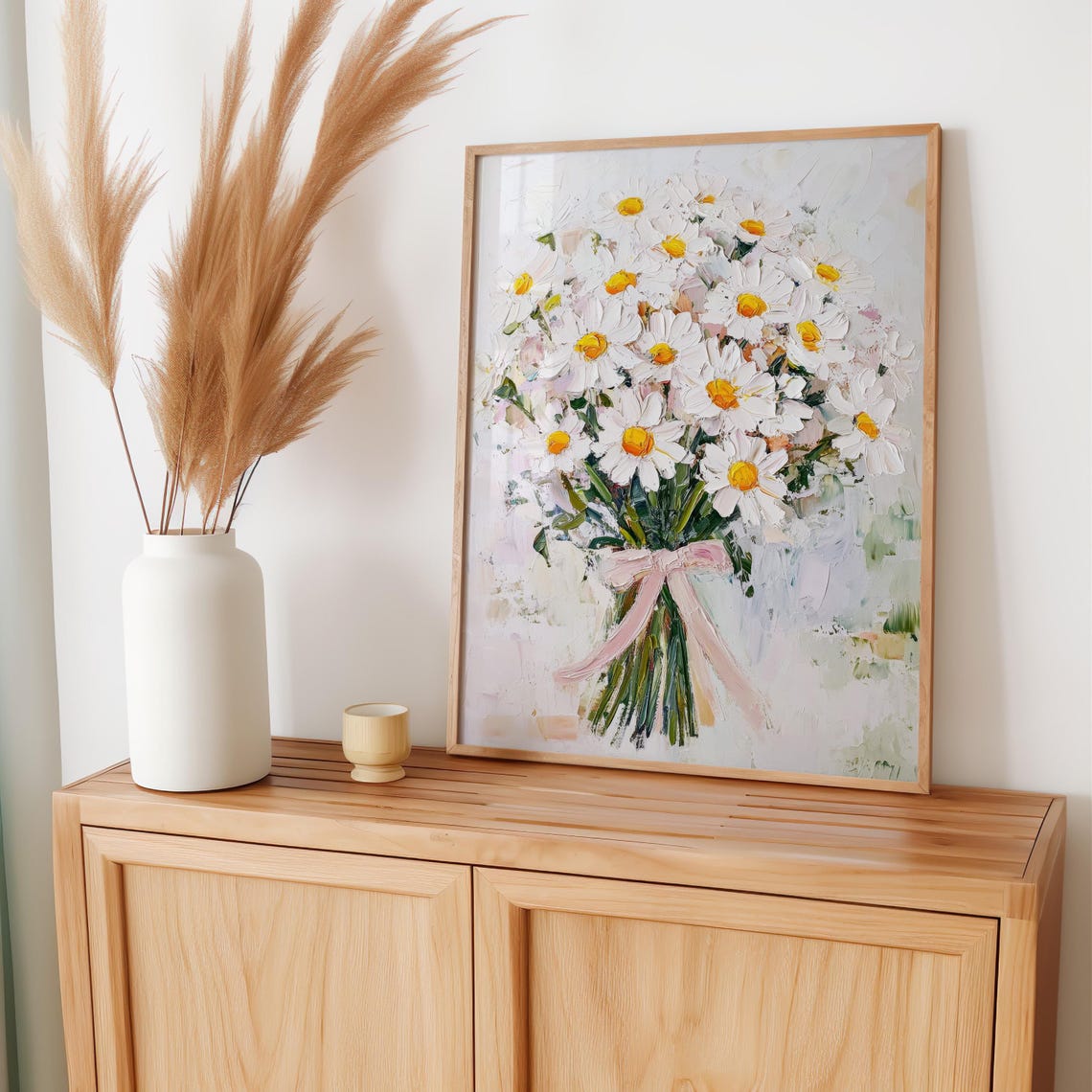 Pink Daisy Bouquet Oil Painting with a Pretty Satin Bow Poster