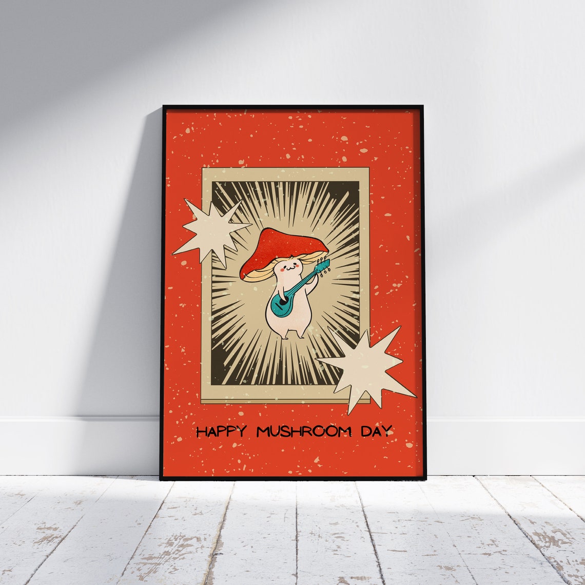 Happy Mushroom Day Cute Guitar Playing Cottagecore Retro Poster