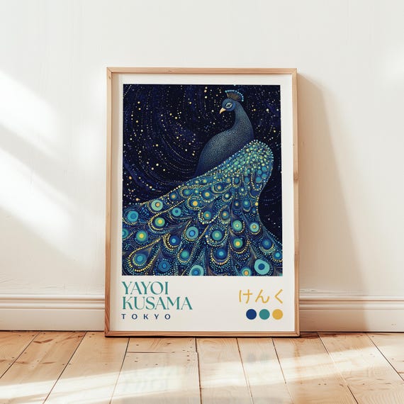 Yayoi Kusama Blue Peacock Poster Dark Wall Decor Bedroom Art Abstract Bird Print Modern Japanese Large