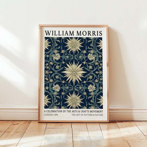 William Morris Navy Starburst Floral Arts Crafts Pattern Poster