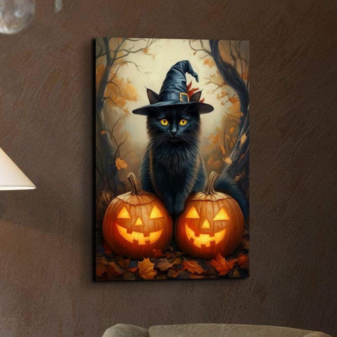 Witches Black Cat in Pumpkin Patch, Halloween Art Print