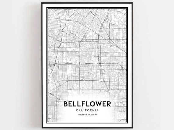 Bellflower Map Print Poster Wall Art Ca City Street Decor Road Gift B1026